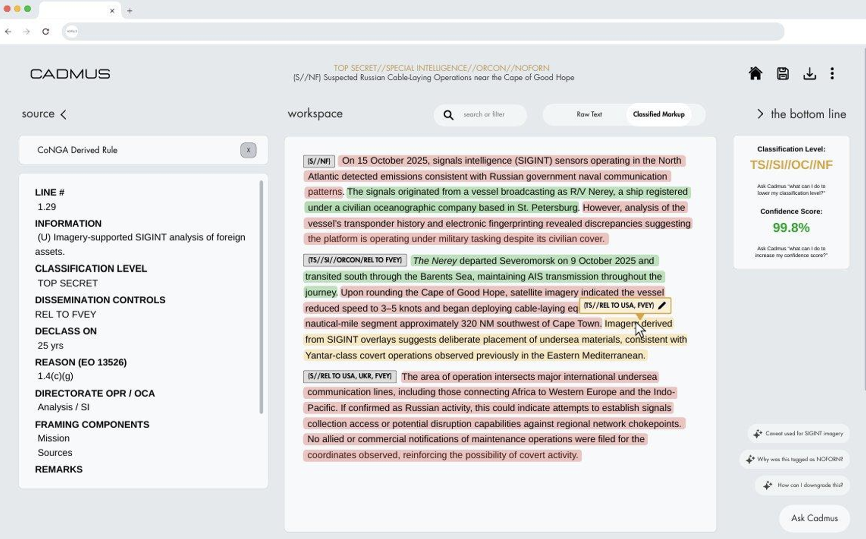 Cadmus classification decision support interface showing sentence-level classification with traceable SCG citations